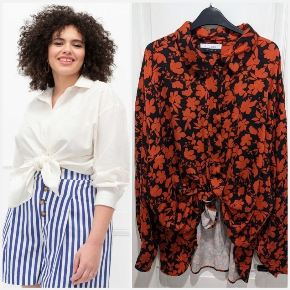 New Eloquii Elements | Tie Front Button Down Shirt in Red Floral